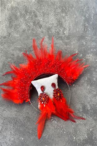 Red Rooster Feather Crystal Beaded Bridal Henna Tiara and Earring