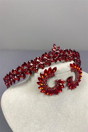 Red Thin Elegant Vera Bridal Henna Crown And Round Earrings