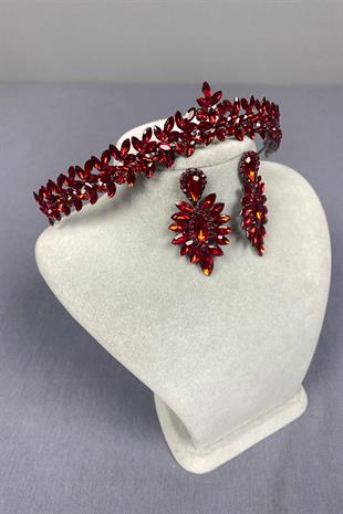 Red Thin Elegant Vera Bridal Henna Crown And Drop Earrings