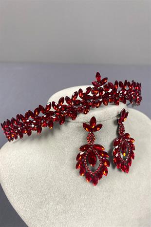 Red Thin Elegant Vera Bridal Henna Crown And Shuttle Earrings