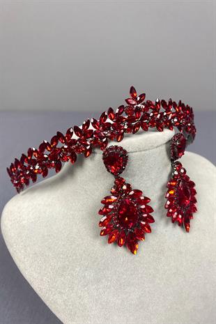 Red Thin Elegant Vera Bridal Henna Crown and Drop Shuttle Earrings