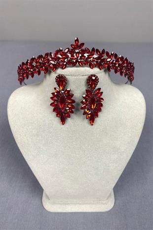 Red Thin Elegant Vera Bridal Henna Crown And Drop Earrings