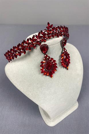 Red Thin Elegant Vera Bridal Henna Crown and Drop Shuttle Earrings