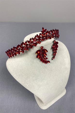 Red Thin Elegant Vera Bridal Henna Crown And Leaf Earrings