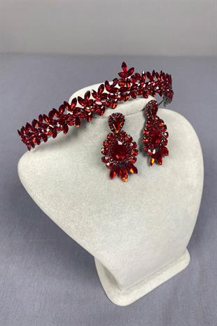 Red Thin Elegant Vera Bridal Henna Crown And Drop Shuttle Earrings