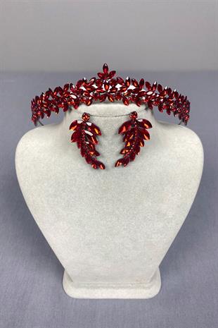 Red Thin Elegant Vera Bridal Henna Crown And Leaf Earrings