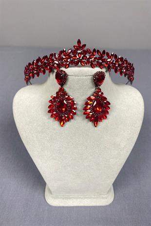 Red Thin Elegant Vera Bridal Henna Crown and Drop Shuttle Earrings