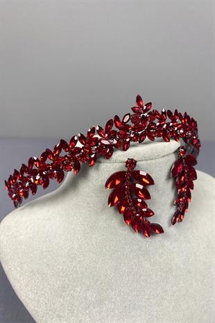 Red Thin Elegant Vera Bridal Henna Crown And Leaf Earrings