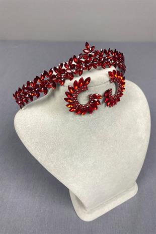 Red Thin Elegant Vera Bridal Henna Crown And Round Earrings