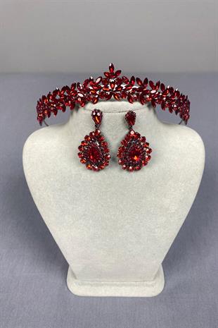Red Thin Elegant Vera Bridal Henna Crown and Shuttle Earrings