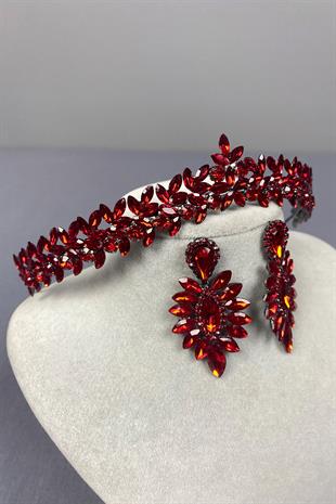 Red Thin Elegant Vera Bridal Henna Crown And Drop Earrings