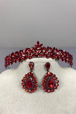 Red Thin Elegant Vera Bridal Henna Crown and Shuttle Earrings