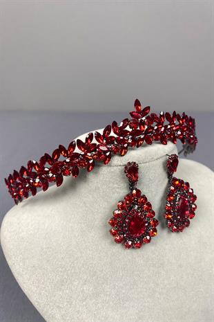 Red Thin Elegant Vera Bridal Henna Crown and Shuttle Earrings