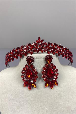 Red Thin Elegant Vera Bridal Henna Crown And Drop Shuttle Earrings