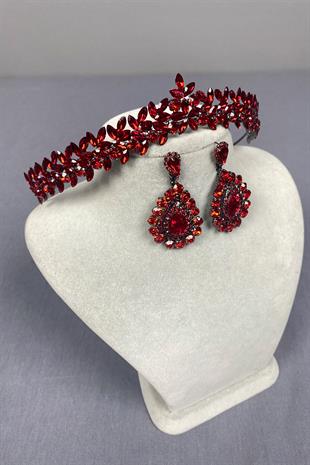 Red Thin Elegant Vera Bridal Henna Crown and Shuttle Earrings