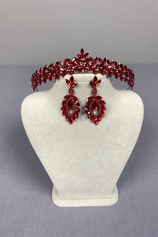 Red Thin Elegant Vera Bridal Henna Crown And Shuttle Earrings