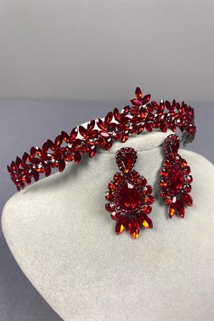 Red Thin Elegant Vera Bridal Henna Crown And Drop Shuttle Earrings