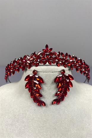 Red Thin Elegant Vera Bridal Henna Crown And Leaf Earrings