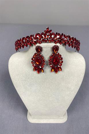 Red Thin Elegant Vera Bridal Henna Crown And Drop Shuttle Earrings