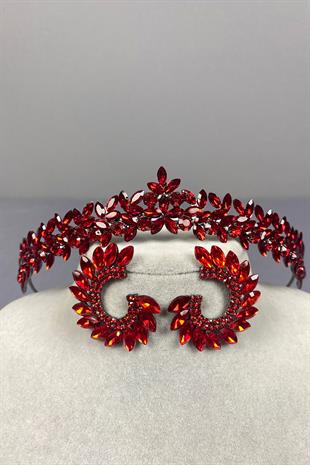 Red Thin Elegant Vera Bridal Henna Crown And Round Earrings