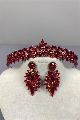 Red Thin Elegant Vera Bridal Henna Crown And Drop Earrings