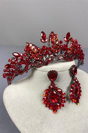 Red Jabbah Bead Embroidered Bridal Henna Crown and Shuttle Earrings