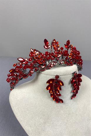 Red Jabbah Bead Embroidered Bridal Henna Crown and Leaf Earrings