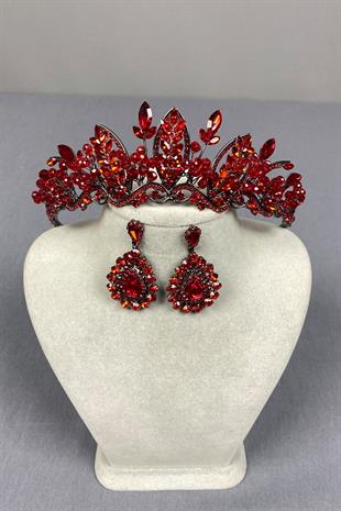 Red Jabbah Bead Embroidered Bridal Henna Crown and Drop Earrings