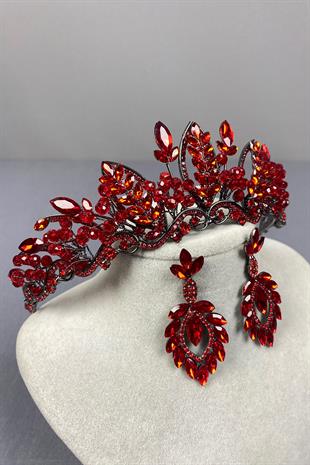 Red Jabbah Bead Embroidered Bridal Henna Crown and Shuttle Earring Set