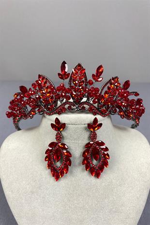 Red Jabbah Bead Embroidered Bridal Henna Crown and Shuttle Earring Set