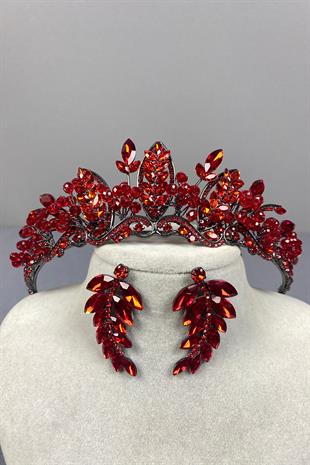 Red Jabbah Bead Embroidered Bridal Henna Crown and Leaf Earrings