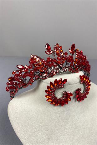 Red Jabbah Bead Embroidered Bridal Henna Crown And Round Earrings