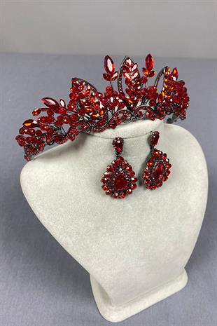 Red Jabbah Bead Embroidered Bridal Henna Crown and Drop Earrings