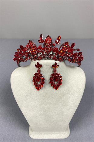 Red Jabbah Bead Embroidered Bridal Henna Crown and Shuttle Earring Set