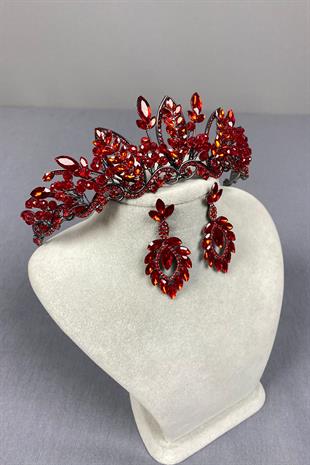 Red Jabbah Bead Embroidered Bridal Henna Crown and Shuttle Earring Set