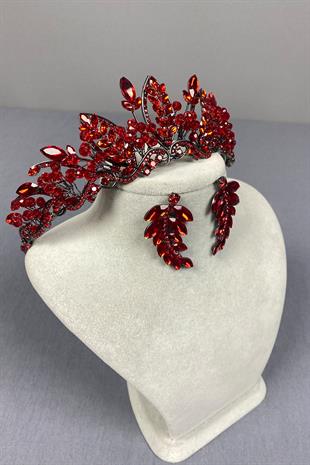 Red Jabbah Bead Embroidered Bridal Henna Crown and Leaf Earrings