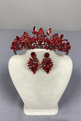 Red Jabbah Bead Embroidered Bridal Henna Crown and Fine Shuttle Earrings