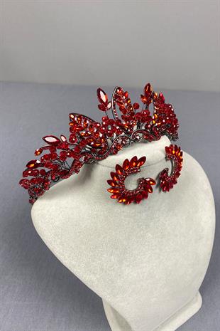 Red Jabbah Bead Embroidered Bridal Henna Crown And Round Earrings