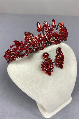 Red Jabbah Bead Embroidered Bridal Henna Crown and Fine Shuttle Earrings