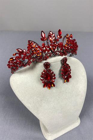 Red Jabbah Bead Embroidered Bridal Henna Crown And Shuttle Drop Earrings