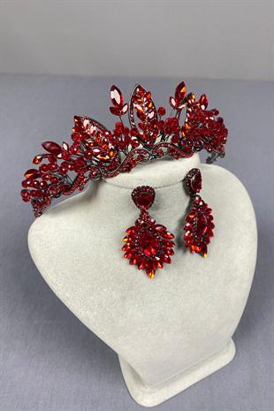 Red Jabbah Bead Embroidered Bridal Henna Crown and Shuttle Earrings