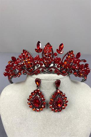 Red Jabbah Bead Embroidered Bridal Henna Crown and Drop Earrings