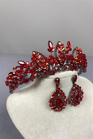Red Jabbah Bead Embroidered Bridal Henna Crown and Drop Earrings