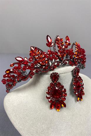 Red Jabbah Bead Embroidered Bridal Henna Crown And Shuttle Drop Earrings