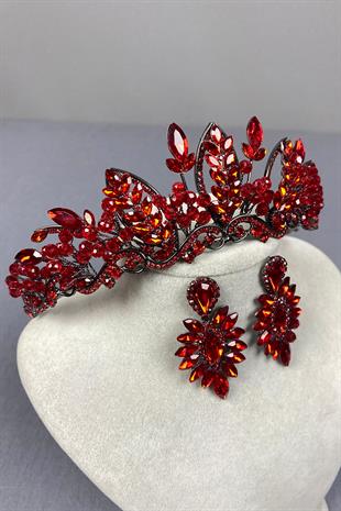 Red Jabbah Bead Embroidered Bridal Henna Crown and Fine Shuttle Earrings