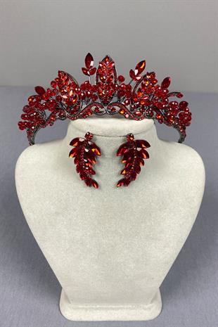 Red Jabbah Bead Embroidered Bridal Henna Crown and Leaf Earrings