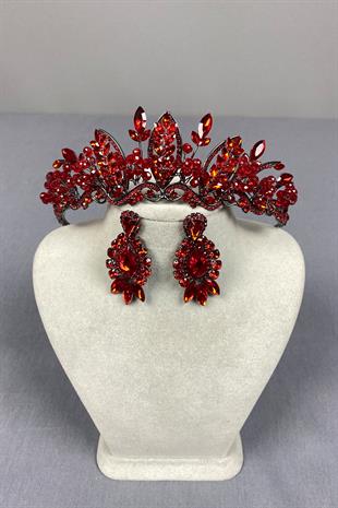 Red Jabbah Bead Embroidered Bridal Henna Crown And Shuttle Drop Earrings