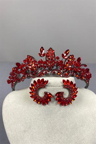 Red Jabbah Bead Embroidered Bridal Henna Crown And Round Earrings
