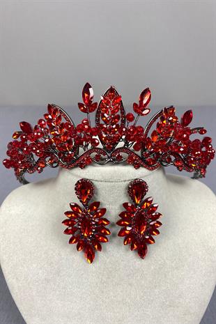 Red Jabbah Bead Embroidered Bridal Henna Crown and Fine Shuttle Earrings