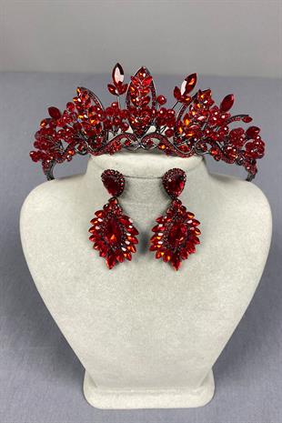Red Jabbah Bead Embroidered Bridal Henna Crown and Shuttle Earrings